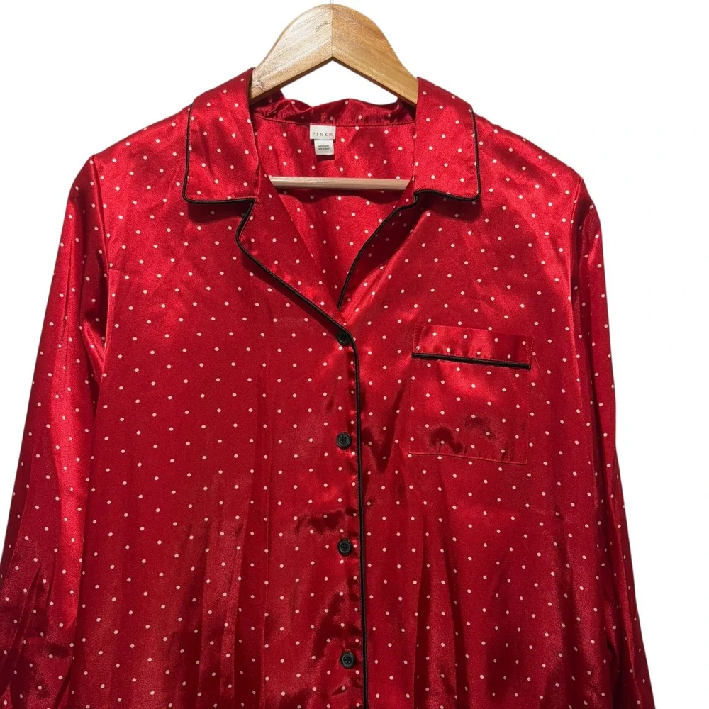 PINK K Victorias‎ Secret Satin Pajama Sleep Shirt Top Red M Polka Dot Loungewear - Picture 3 of 6